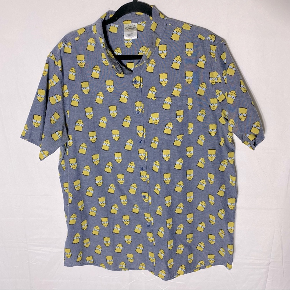 The Simpsons Blue Yellow Bart Head All Over Print Short Sleeve Button Up Shirt L
